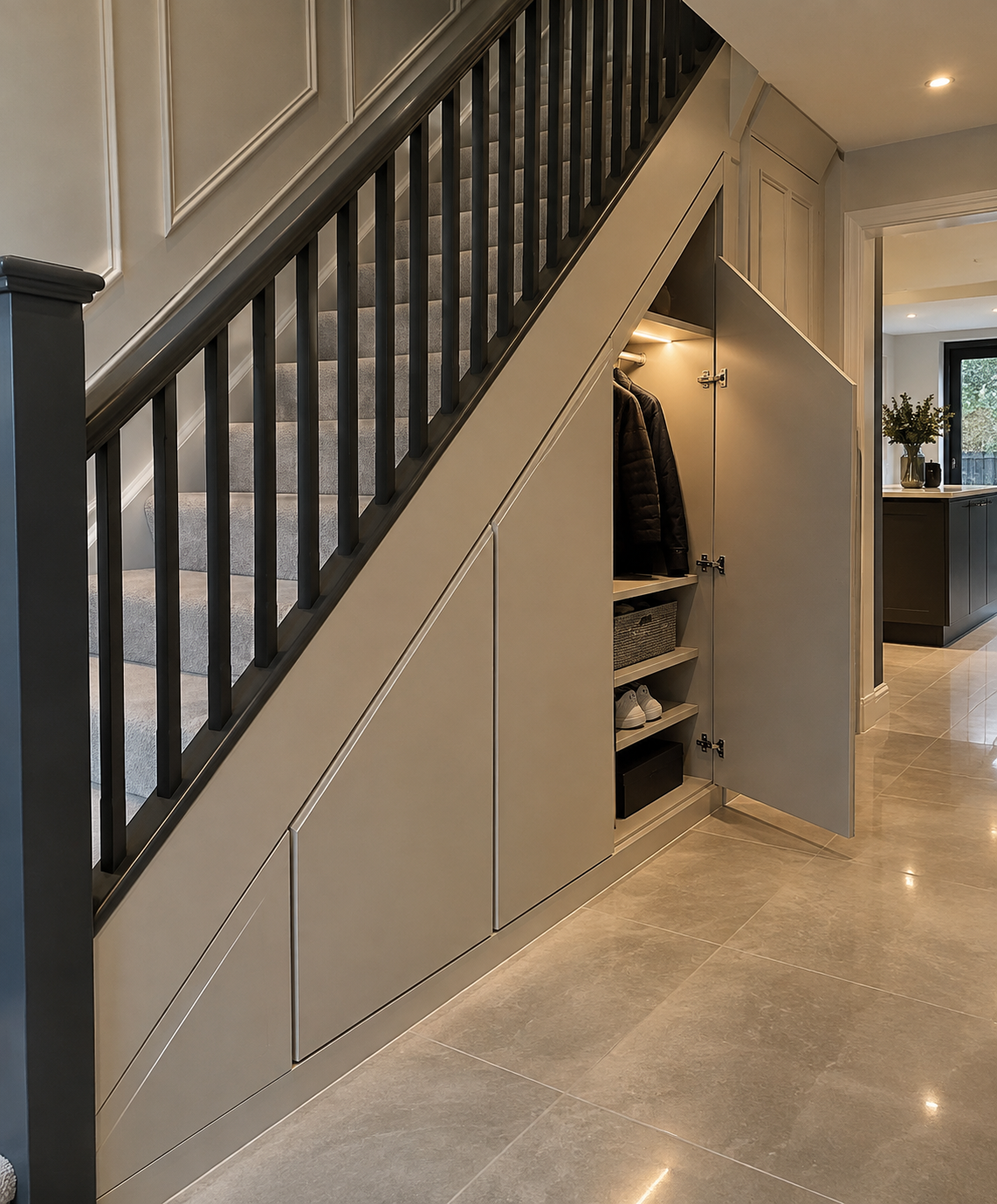 Fitted under-stairs storage wardrobe with open shelving